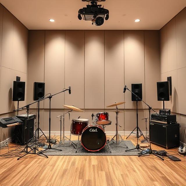Spacious live room with drum kit and microphones